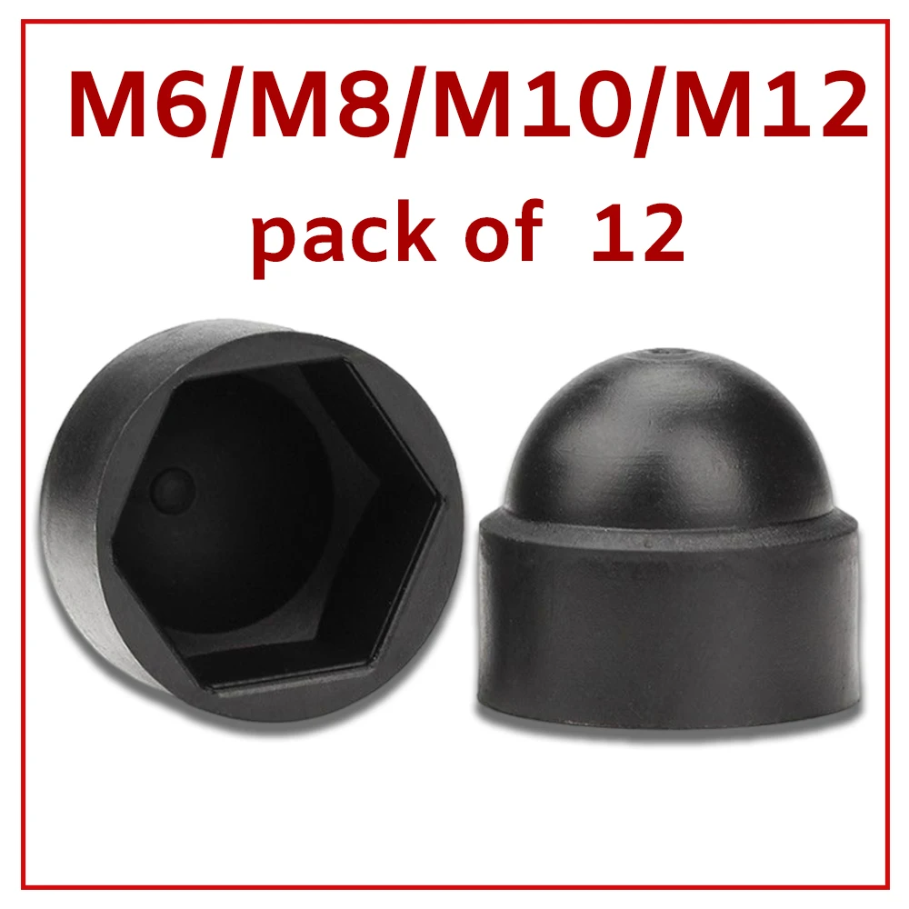 

12pc M6 M8 M10 M12 for Toyota VW Skoda Kia Protective Cover Caps Hexagon Nuts Bolts Screws Black Plastic Polyethylene Dome Parts
