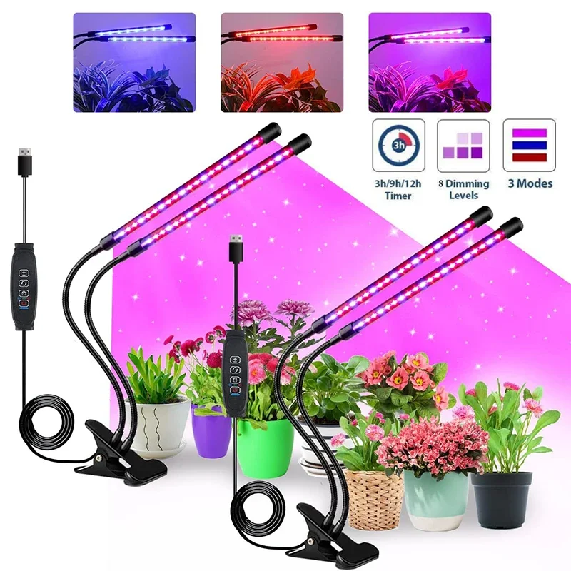 LED USB Full Spectrum Plant Grow Light with Timer - Dimmable Clip Lamp for Indoor Greenhouse Vegetables and Flowers