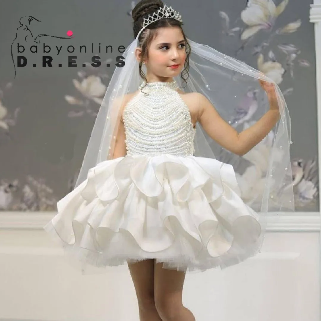 BABYONLINE Customized Flower Girl Dress Halter -neck Pearl