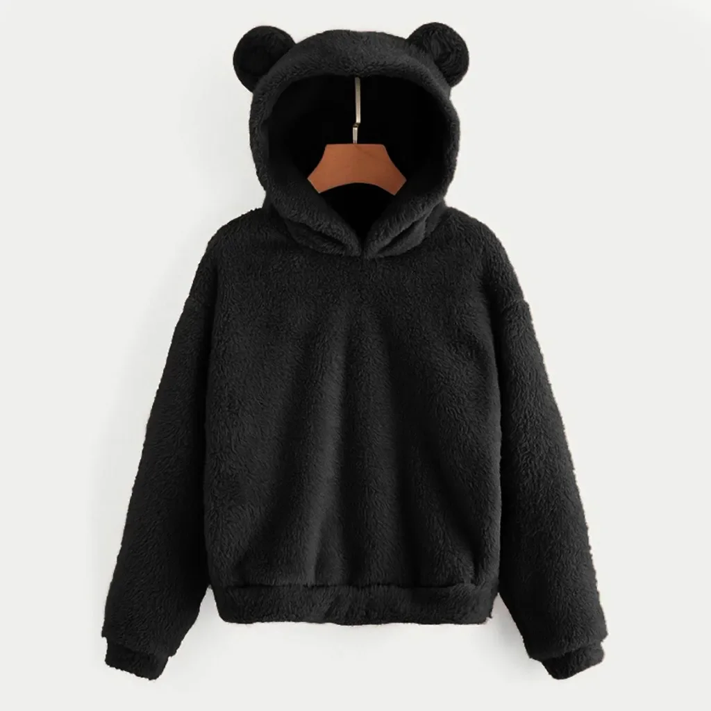 Cute Bear Ear Sweatshirt Fluffy Teddy Hoodies Women Kawaii Cap Tops 2023 New Autumn Winter Warm Pullover Fleece Long Sleeve Coat