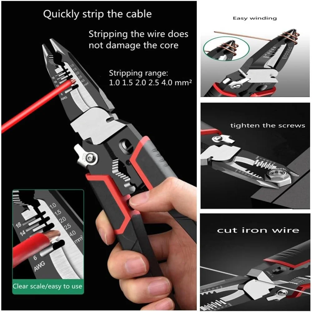 

8 inch Wire Stripper Pliers Crimping Pliers Multifunctional 9 in 1 Electrical Hand Tools for Electricians Wire Cutting Tools