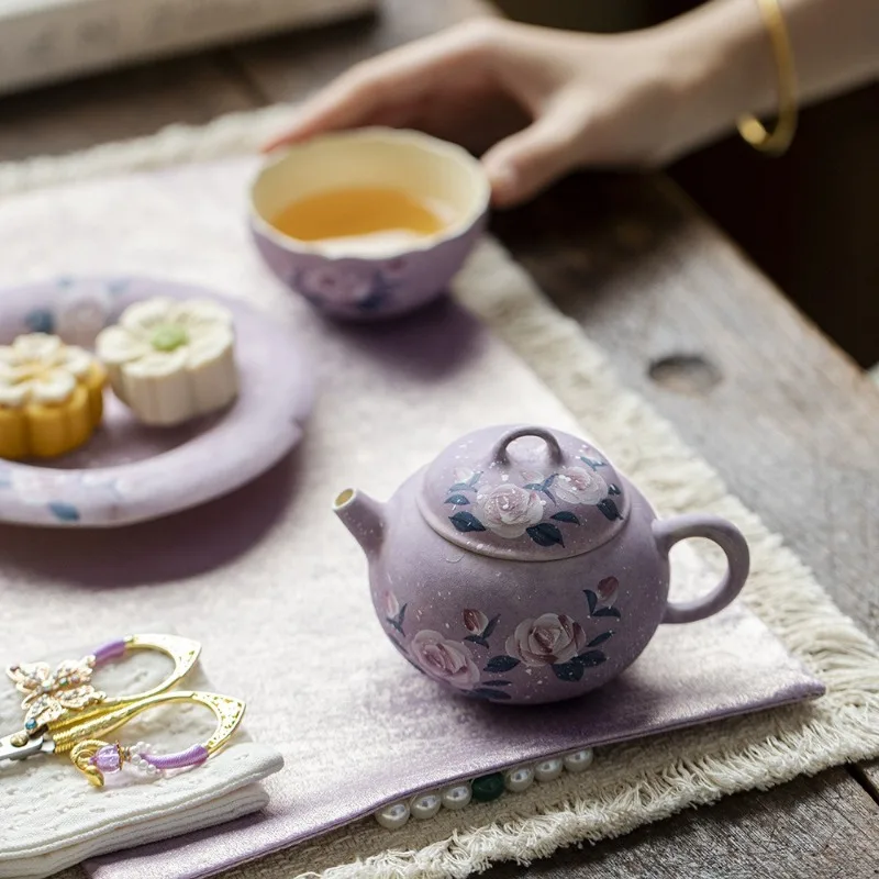 Hand Painted Purple Monet Rose Ceramic Teapot Large Capacity Gongfu Tea Set for Home Decor Chinese Style Tea Ceremony Gift