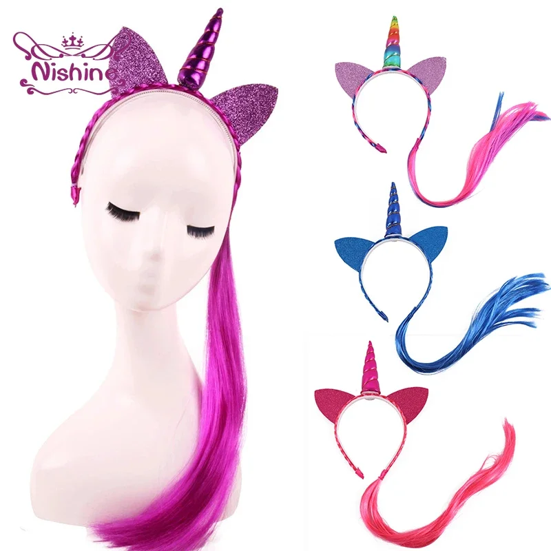 Rainbow Color Ponytail Unicorn Horn Headbands Glitter Ears Kids Girls Princess Braid Wig Hair Bands Headwear Accessories nylon hair tie
