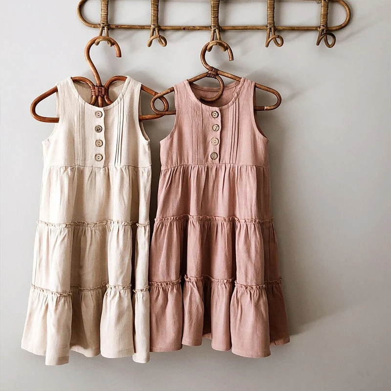 Kids Boho Linen Maxi Dress  Girls Bohemian Summer Beach Style Boatneck Button front Long Ruffled Casual Sleeveless Suspender Dresses For Bohemia Girl in apricot 