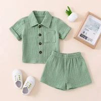 Tenue d'été décontractée en coton et lin pour bébés garçons, couleur unie, manches courtes, poche boutonnée, chemise à revers + Short, ensemble de vêtements 2 pièces 3