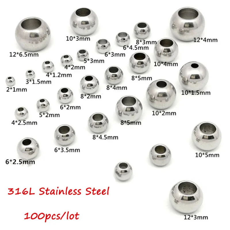 100pcs mm-12 mm 316L Stainless Steel Beads European Ball Metal - Main Image