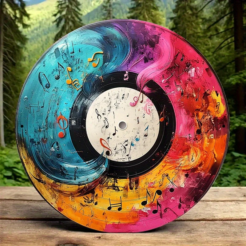 Müzik Notalarıyla 12 İnç Canlı Vinil Plak Resmi – Ev, Ofis veya Müzik Temalı Renkli Alüminyum Yuvarlak Dekoratif Parça