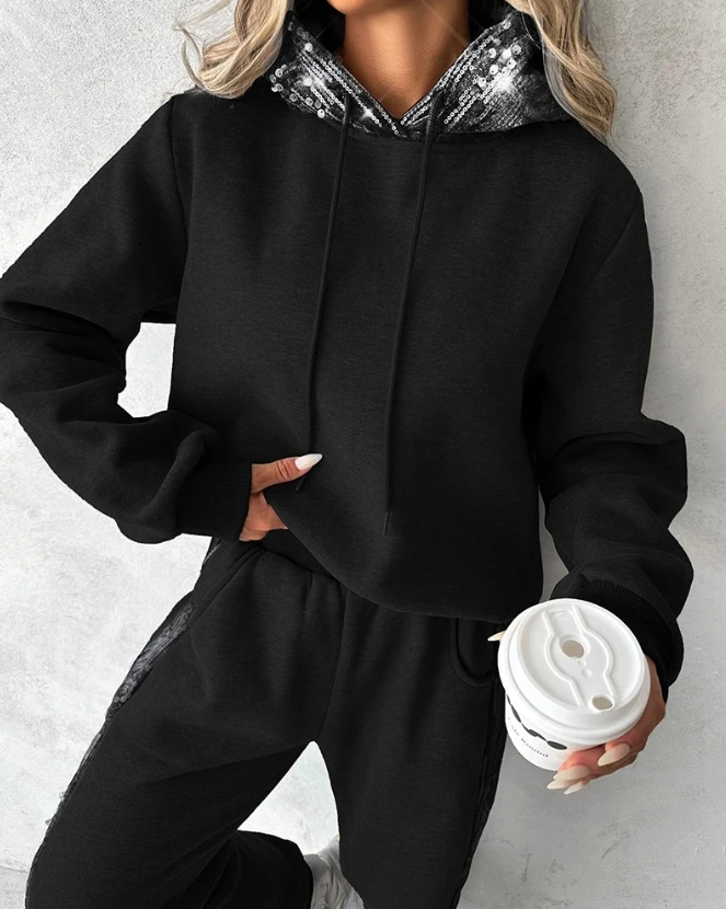 Two Piece Set Women Outfit Autumn Fashion Contrast Sequin Hooded Long Sleeve Sweatshirt & Pocket Design Daily Sweatpants Set