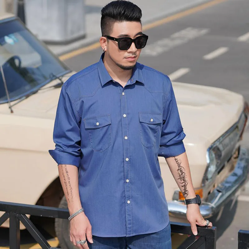 Autumn Spring Men denim Shirt long Sleeve 10XL 11XL 12XL Large Size oversize fat cow boy Shirt pockets 60