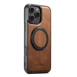 Luxurious Oil Wax Leather Wireless Charging Phone Case with 360° Rotating Stand Buckle for iPhone 18 Pro (Brown)