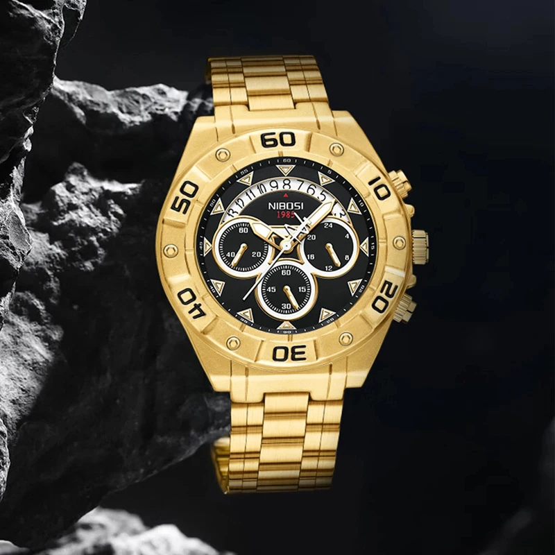 NIBOSI Mens Watches Top Brand Luxury Gold Quartz Watch for Men Sport Waterproof Chronograph Men Wristwatches Relogio Masculino