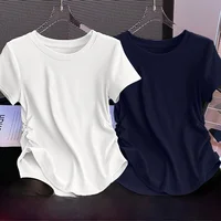 Ele ort Sve T-irt Women's Summer Waist-Cinching Pleated Faionable Simple Versatile Korean Sle Commute Wear