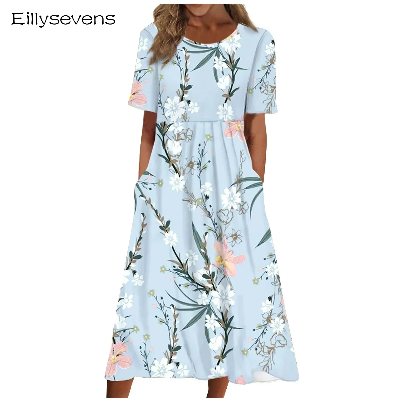 

Summer Women's Floral Dress Short Sleeve O-neck Vintage Harajuku Vestidos Ladies Comfortable Loose Pocket Midi Dress