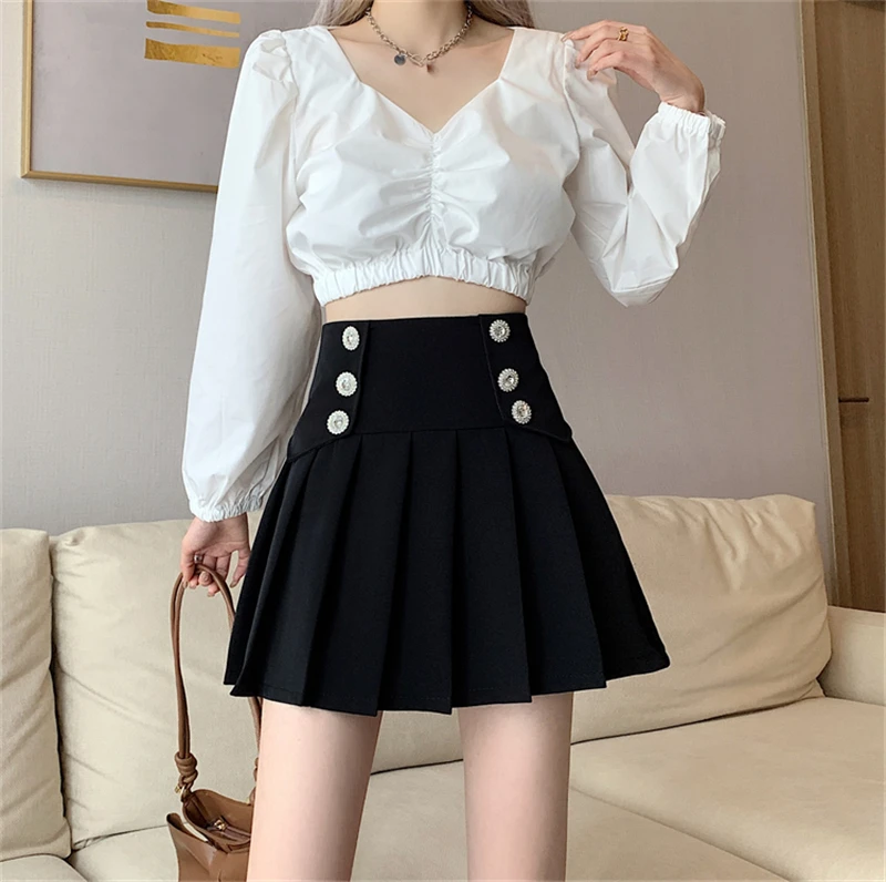 silk skirt Women Pleated Skirts Black White Elegant A-Line Skirt Casual Spring Summer Sweet E-Girls Drill Double Breasted Skirts Dance Show nike skirt