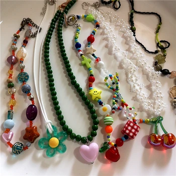 Kpop Boho Colorful Cherry Heart Star Pendant Peart Choker Necklace For Women Sweet Aesthetic Y2K Harajuku Jewelry Accessories 1