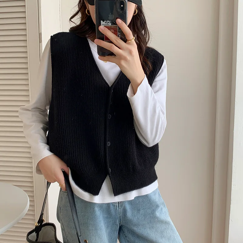 Autumn Women Knitted Deep V Neck Sleeveless Cardigan