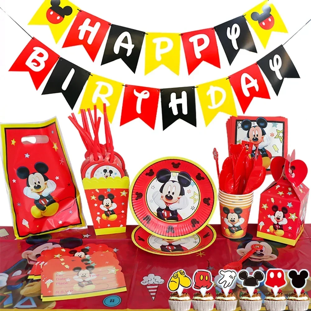 

Disney Mickey Theme Birthday Party Decorations Baby Shower Disposable Tableware Supplies Party Napkins Plates Banner Tablecloth