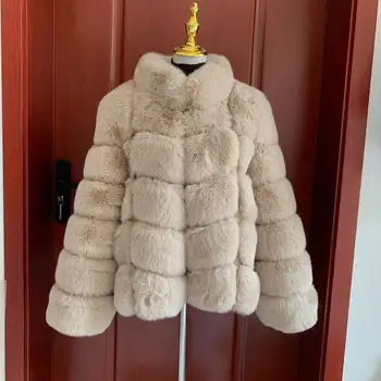 Women's warm faux fur coat 60cm jacket fashionable stand up collar imitation fox fur fluffy faux fur leather jacket Long sleeves