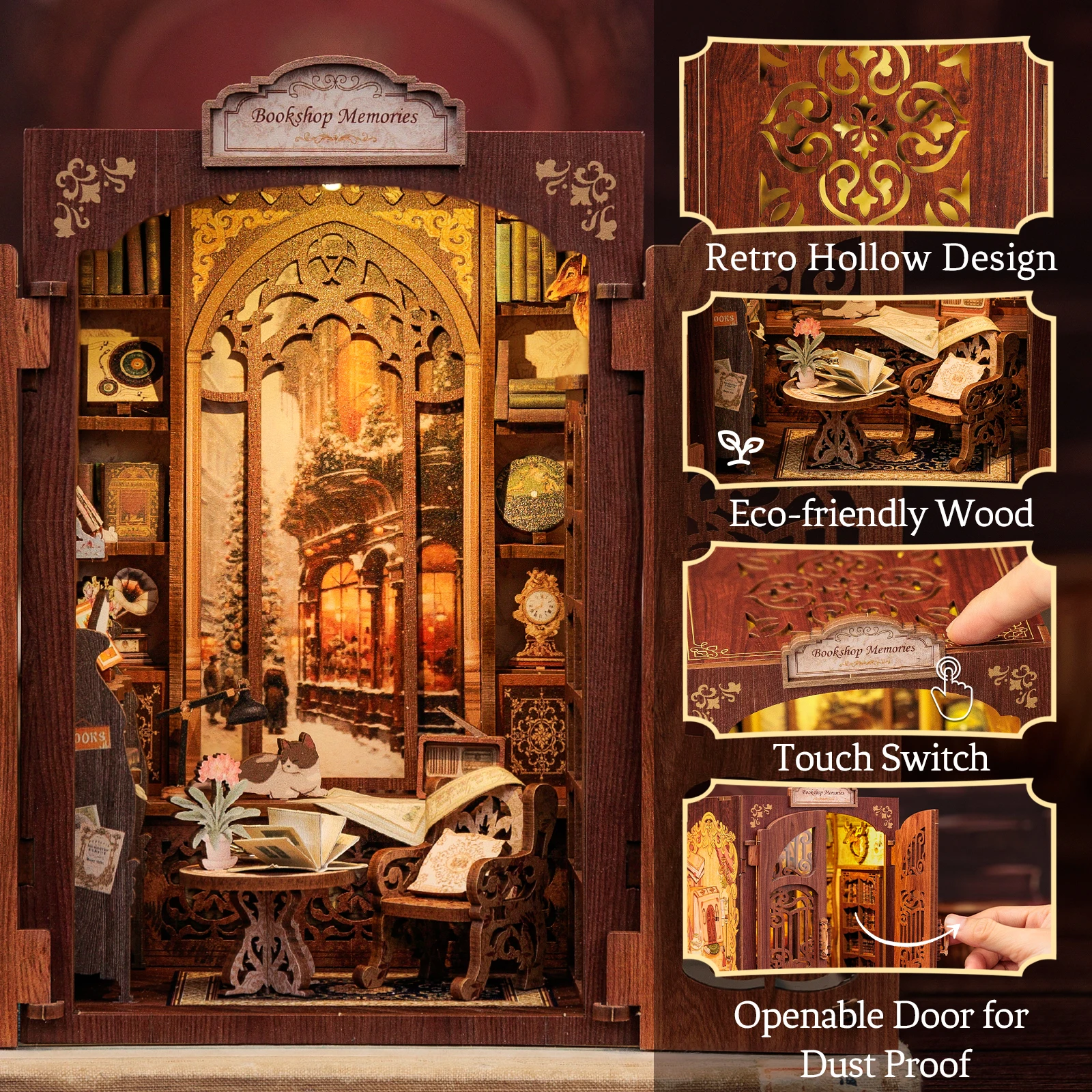 CUTEBEE DIY Book Nook Kit Miniature Wooden Dollhouse with Light Bookshelf Insert Decoration Bookshop Memories Model for Gifts 5