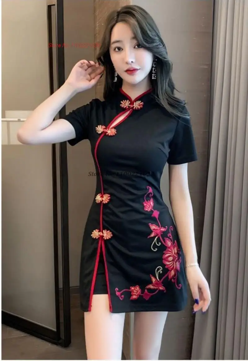chinese qipao oriental party dress flower embroidery improved cheongsam nightclub banquet dress beauty spa uniform
