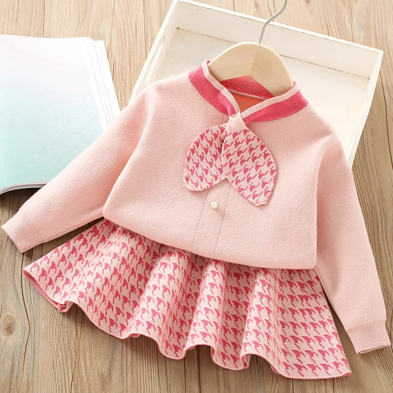 

2 3 4 5 6 Years Baby Girls Clothing Set Autumn Winter Lattice Print Bow Knitted Sweater+Pleated Skirt 2Pcs For Kids Fashion Suit