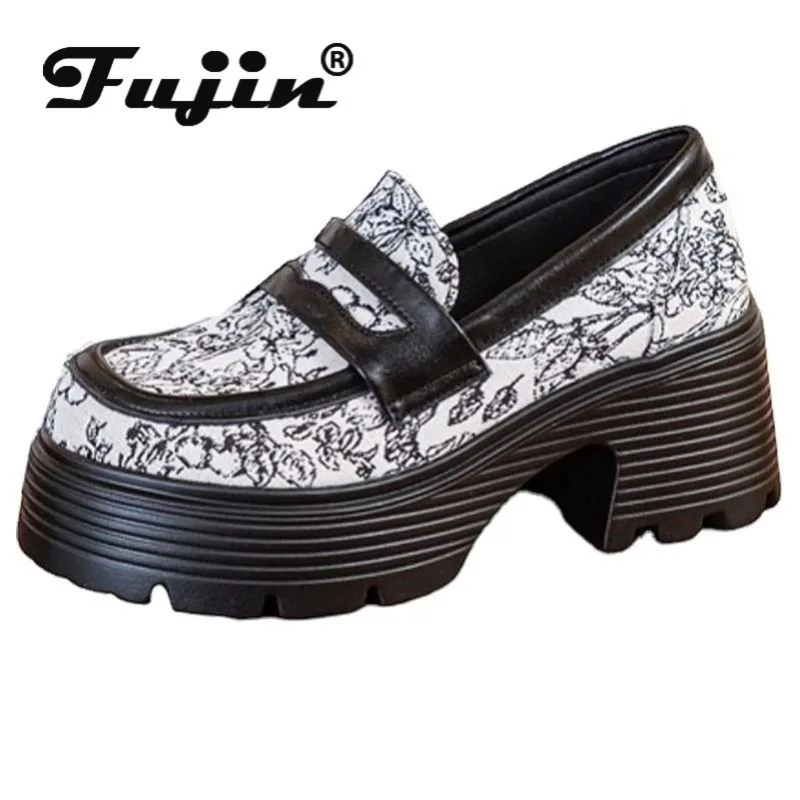 

Fujin 7cm Denim Print Cloth Synthetic Leather Platform Wedge Chunky Sneaker Comfy High Brand Spring Fashion Autumn Casual Shoes