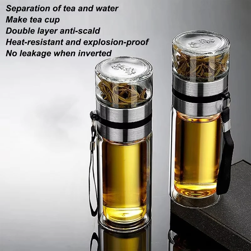 Premium Double Wall Glass Tea Infuser Bottle - Leak-Proof Portable Travel Mug