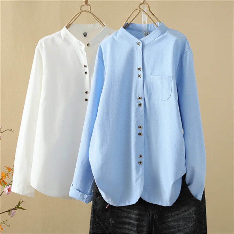 2024 Standing Collar Double Buckle Oxford Woven Shirt Early Spring New Ioose Artistic Shirt With Casual Wood Buckle Shirt automatic center punch spring loaded marking pin drilling tool wood press dent marker woodwork tool hole drill bits hand tool