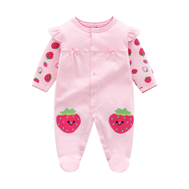 Baby's Cotton Long-Sleeved Jumpsuit, Newborn Girl Clothing, Foot-covering Cute Strawberry Pattern, Spring and Summer