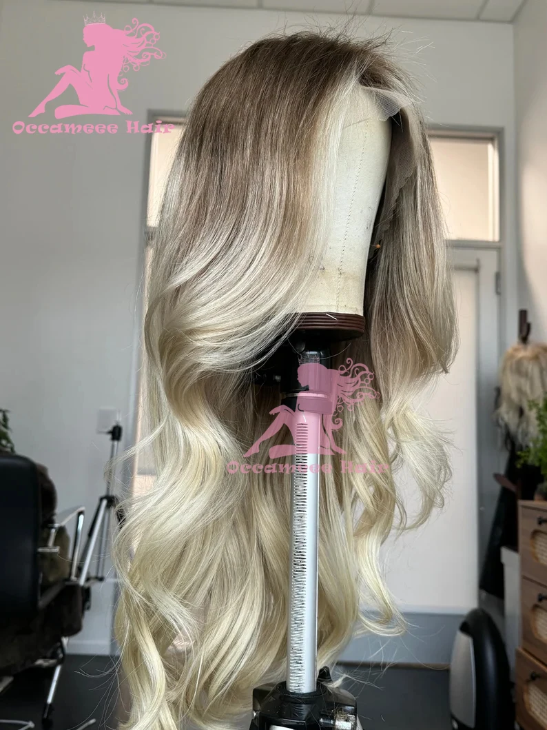 Ash Blonde 13x6 Lace Frontal Wig Human Hair Natural Wave Transparent Lace Highlights Dark Brown Roots Preplucked 613 colored wig