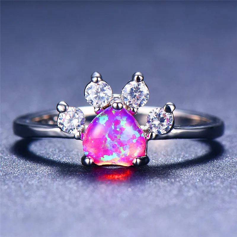Cute Female Small White Fire Opal Stone Ring Fashion Heart Wedding Jewelry For Women