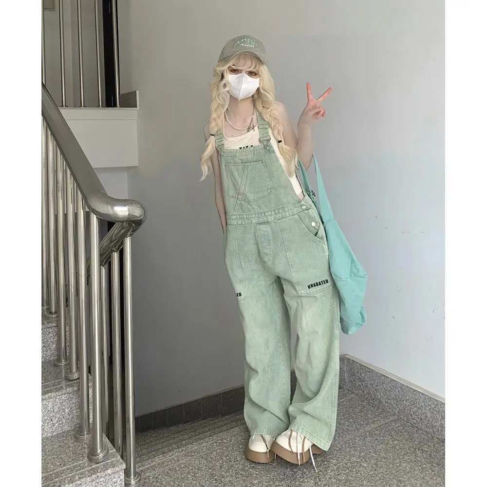 Chic Light Green Dnim Pants for Women Overalls Spring Autumn High Waist Straight Loose Jeans Female Jumpsuit Streetwear