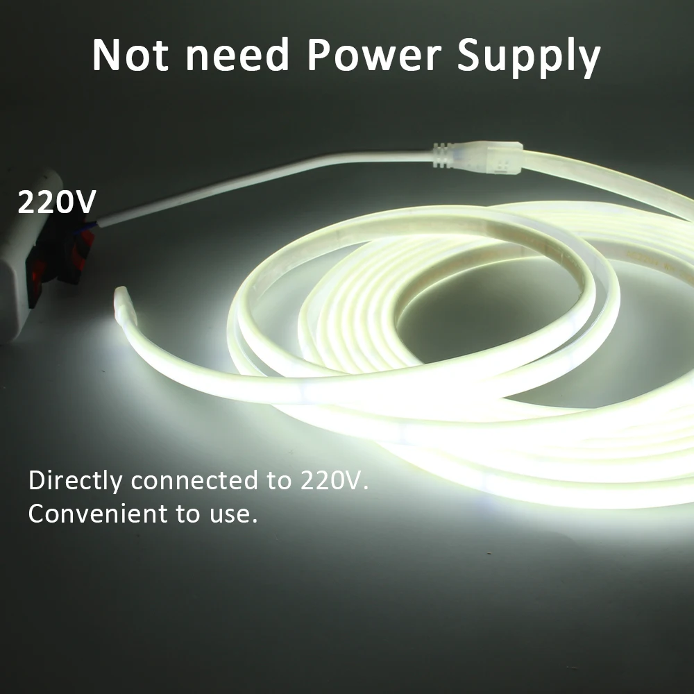 220V 방수 COB LED 스트립 라이트 테이프 램프 EU 플러그 / 2핀 와이어 3000K 4000K 6000K AC 유연한 리본 야외 정원 장식