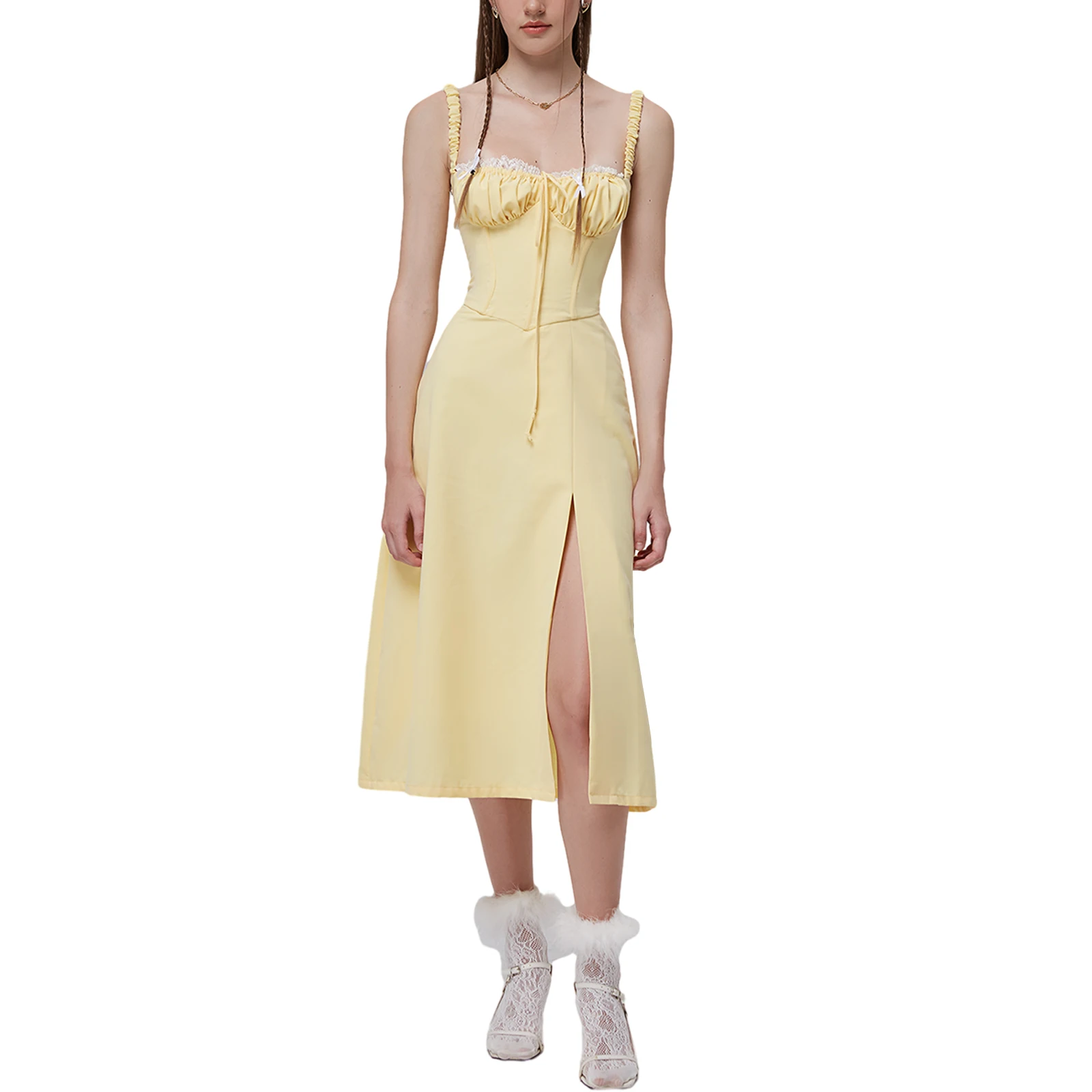 

Summer Women Sleeveless Tank Dress Yellow Ruched Bust Lace Trim Midi Dress Slim Fit Thigh Split Dresses Evening Party Gown