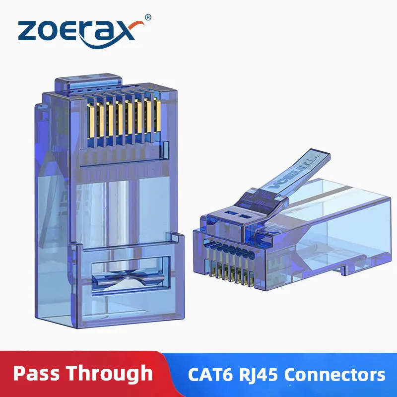 Cat5e Pass Through RJ45 Connectors 100-Pack - 3-Prong Gold Plated Modular Plugs For Ethernet