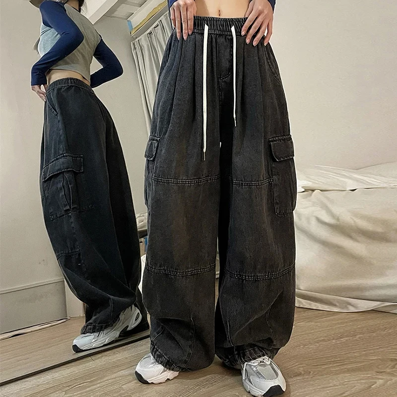 Y2k 헐렁한 청바지, 오버사이즈 배럴 청바지, 데님 바지, 여성 힙합 바지, 포켓 스트리트웨어, 와이드 레그 카고 바지