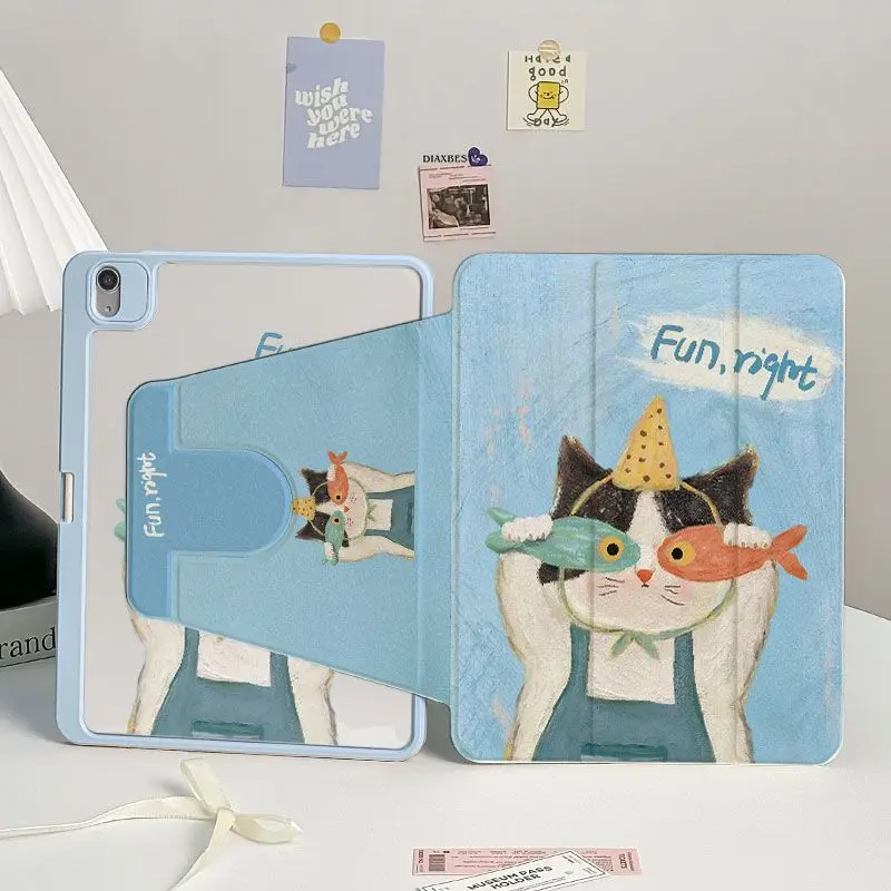 360-Degree Rotating Stand Cover with Fishing Kitten Print