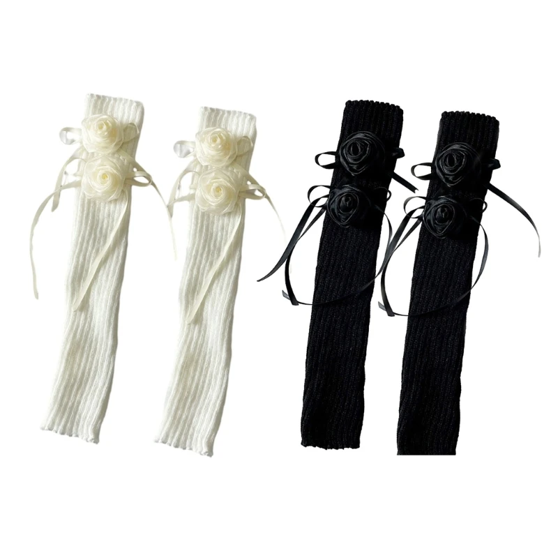 

Ribbed Knit Leg Warmer Long Socks Women JK Girls French Vintage Rose Flower Bowknot Boot Cuffs Leg Cover Sleeve