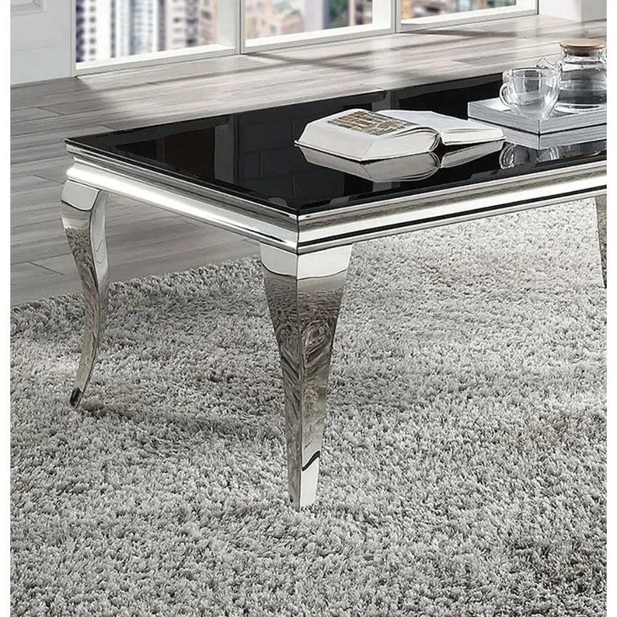 Glam Contemporary1pc Coffee Table Black Glass Top Silver Color Table Living Room Stainless Steel Cabriole-Style Legs 3