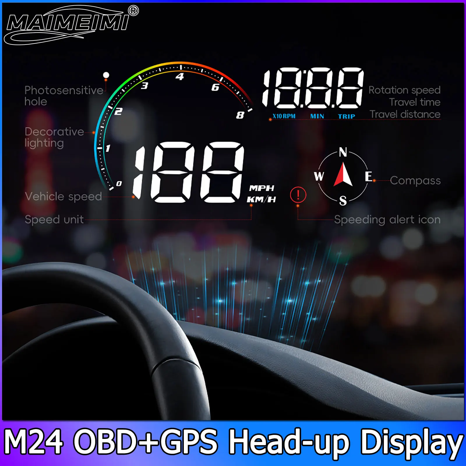 M24 HUD 게이지 스마트 속도계 OBD+GPS 자동차 전자장치 헤드업 디스플레이 터보 RPM 알람 수온 자동차 과속 경보