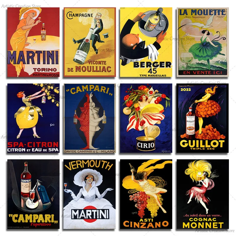 Vintage Drink Poster Champagne Assenzio Campari Bitters Art Canvas Painting Print Pictures For Living Room Wall Home Decor Gift