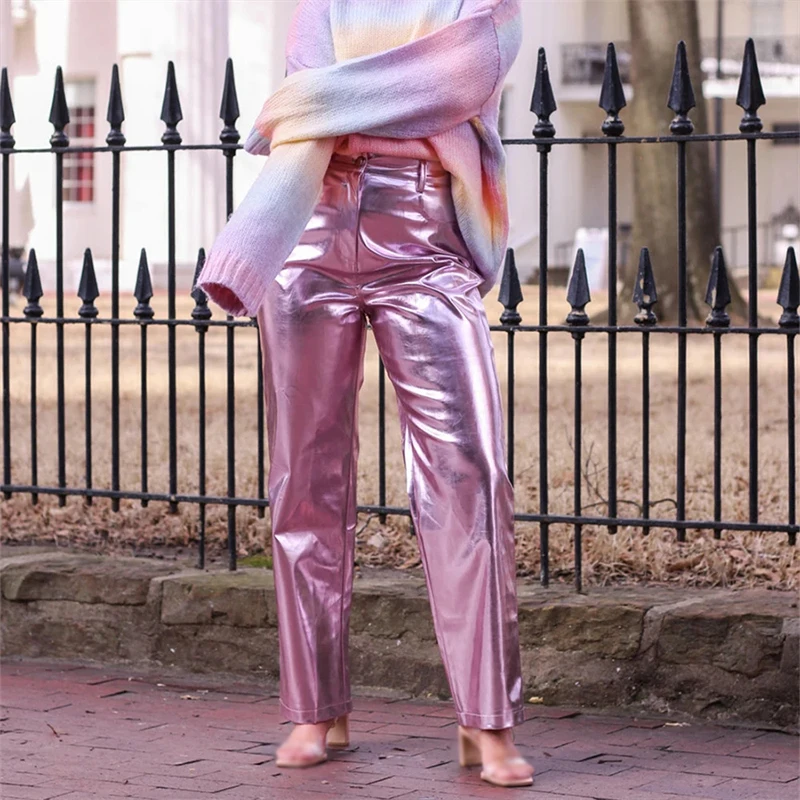 Women Fashion Metallic Shiny PU Leather Pants High Waist Casual Trousers Streetwear Straight Leg Pants Y2K Clubwear Bottom