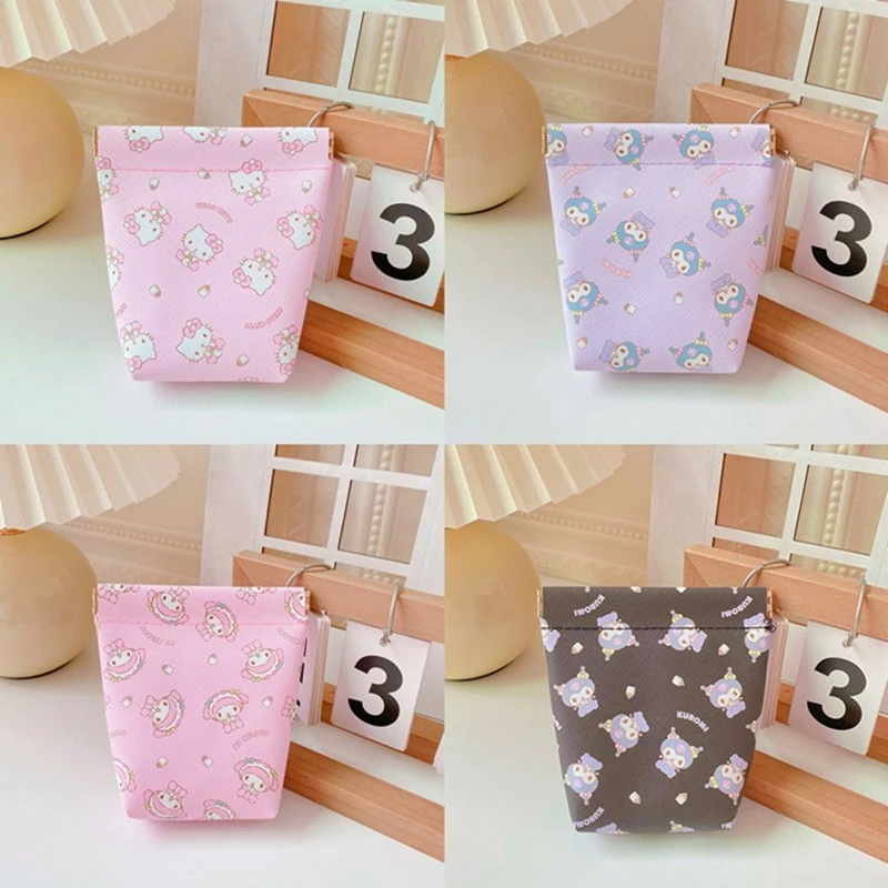 Sanrioed Anime Printed Pu Wallet Kawaii Coin Purse Cartoon My Melody Kittys Cat Kuromi Pochacco Portable Earphone Storage Bag