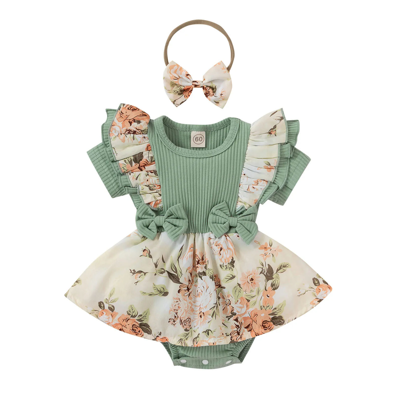 

Baby Girls Jumpsuit Dress Lace Sleeve Design with Headband Baby Dress for Home Party Photography