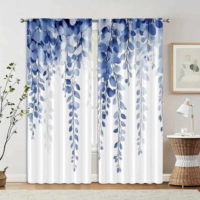 2 pezzi, tende e finestre Trattamento stampa 2D Modello foglia blu Tessuto versatile (senza asta) Versatile Tutto l'uso per il soggiorno, 2