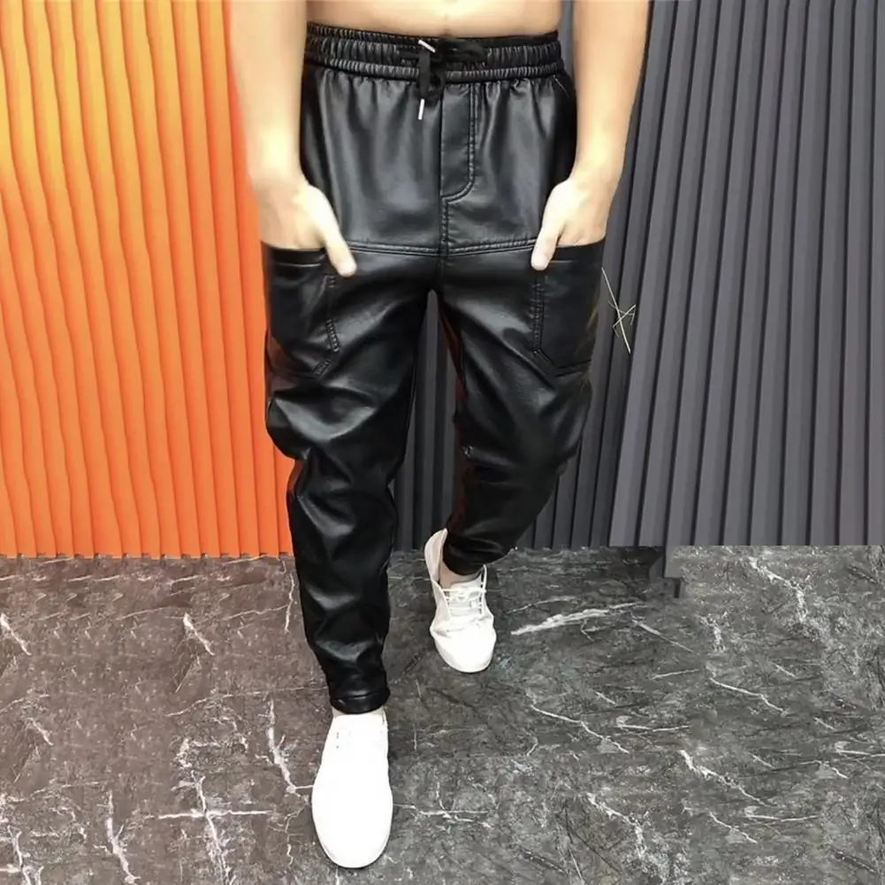 Black Elastic Waist Pants Stylish Men's Faux Leather Pants With Pockets Stretchy Waist Motorcycle Style Trousers For Spring Fall men trousers leather pants