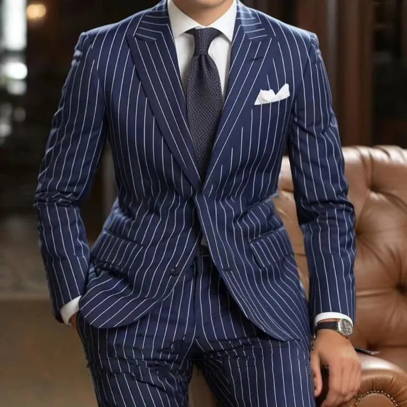 

Formal Blue Men's Suits Stripe Pattern Single Breasted Peak Lapel Slim Fit Male Clothing Chic 2 Piece Jacket Pants Costume Homme