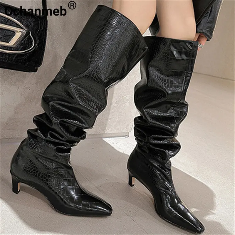 

Ochanmeb INS Chic Women Crocodile Pleated Boots Over-the-Knee Black Beige Thin Heels Shoes Woman Autumn Winter Thigh Boots 34-42