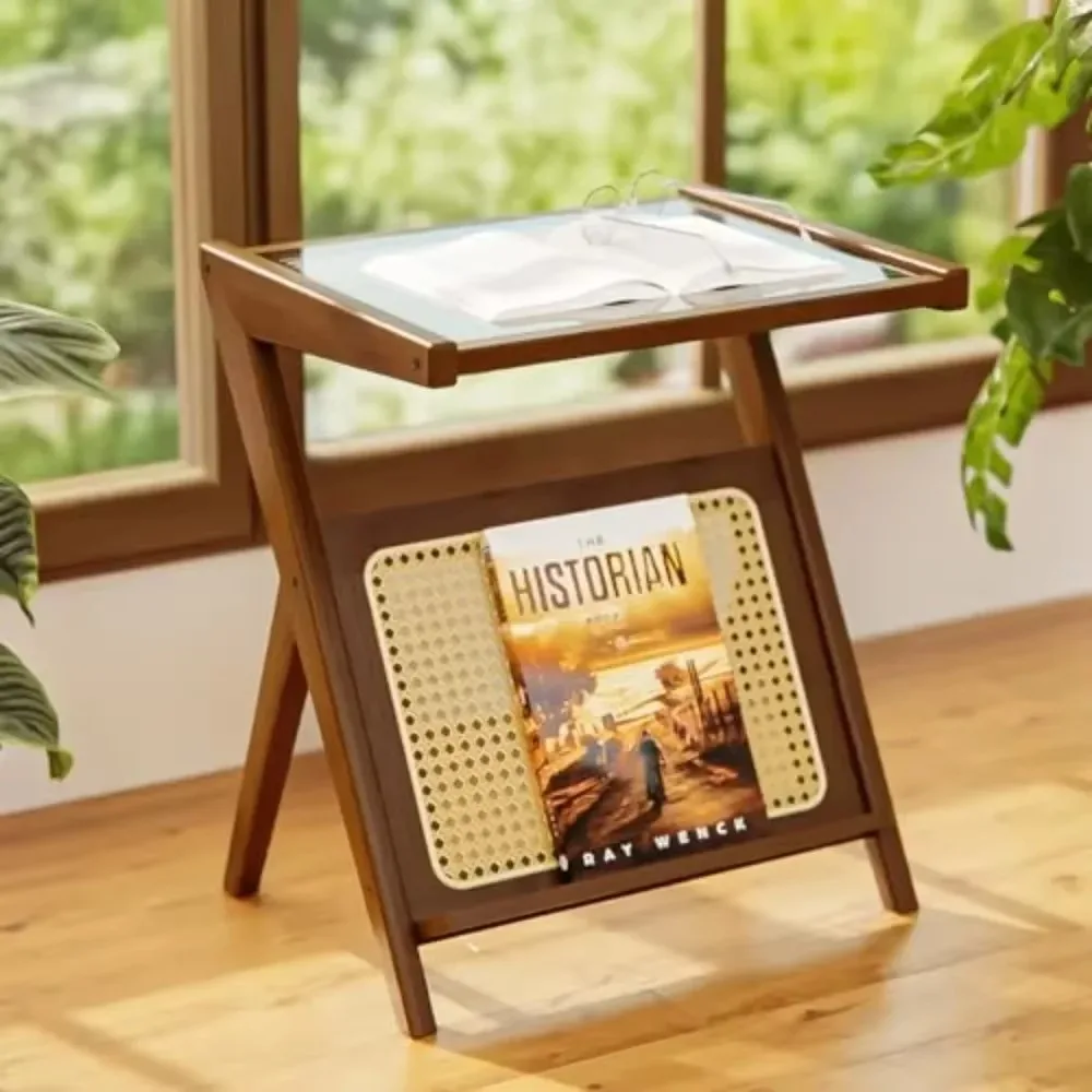Tea Side Table with Tempered Glass Top Mobile Cabinet Sofa Bedside Coffee Side Tables Lightweight Simple Bedstand Cup Organizer