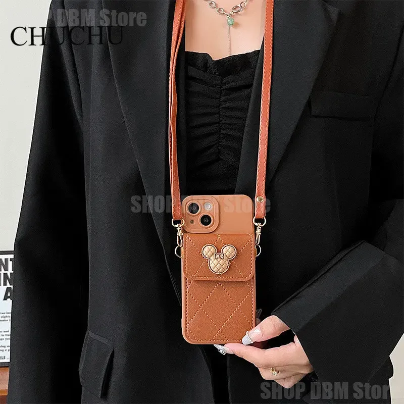 Disney Mickey Mouse Phone Case For IPhone 14 Pro Max 13 11 12 X XR XS Max Cover Luxury Leather Wallet Crossbody Lanyard Soft